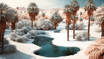 An oasis with palm trees covered in snow