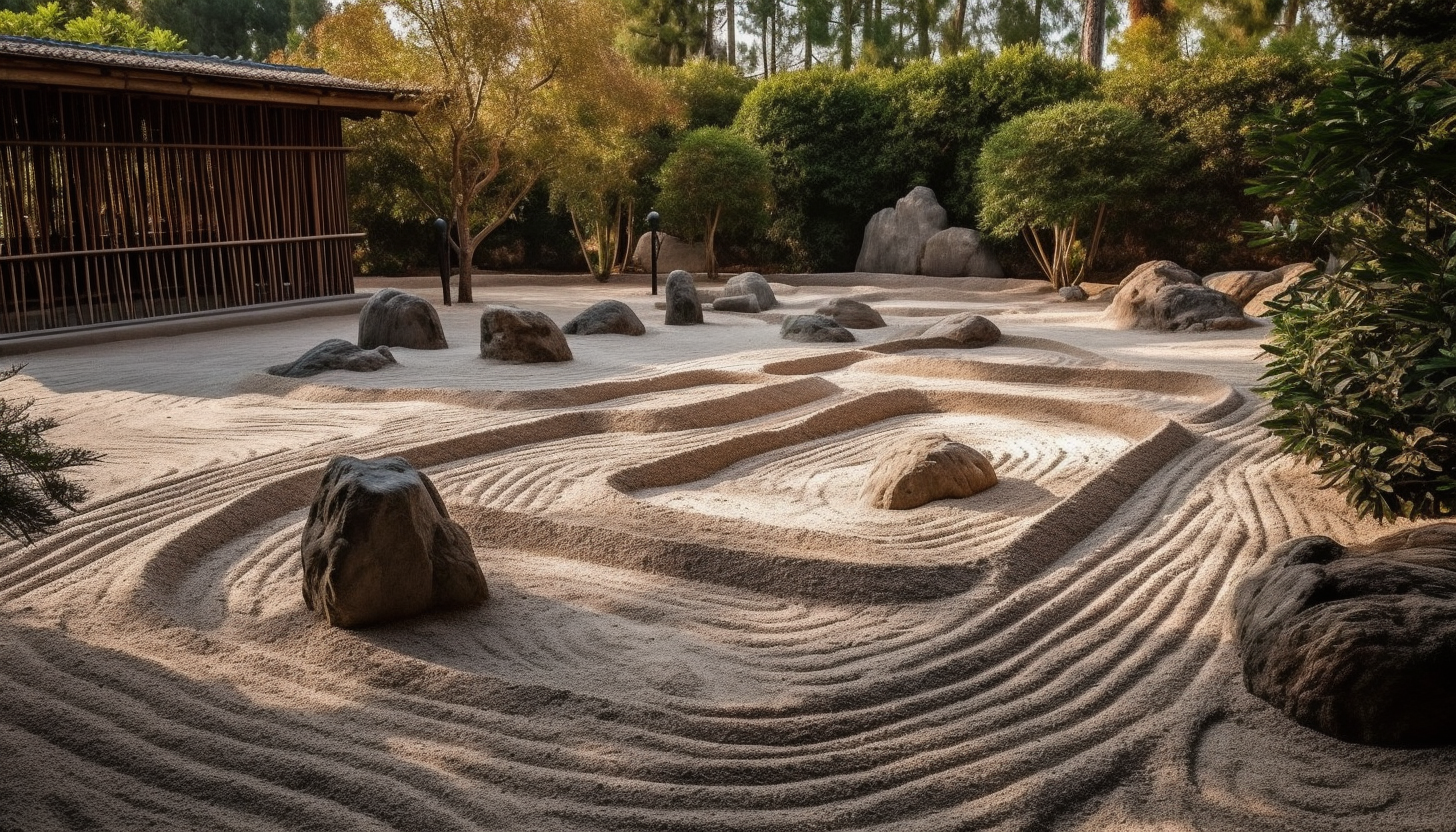 A peaceful zen garden with carefully arranged rocks and sand patterns.