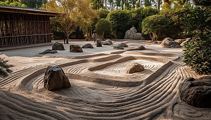 A peaceful zen garden with carefully arranged rocks and sand patterns.