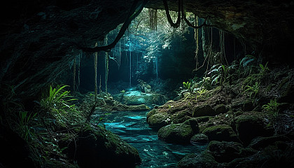 Bioluminescent forests or caves, showcasing a mystical atmosphere.