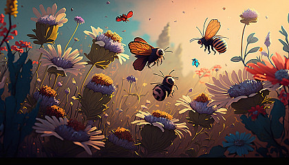 A depiction of a sunny, blooming garden with butterflies and bees.