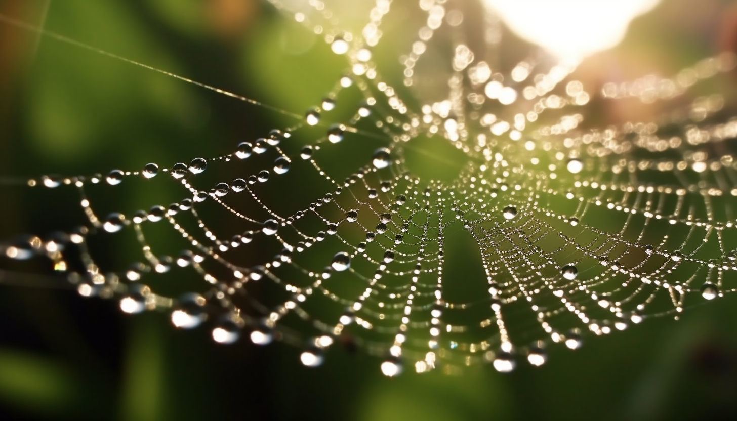 A close-up of dew drops on a spiderweb.