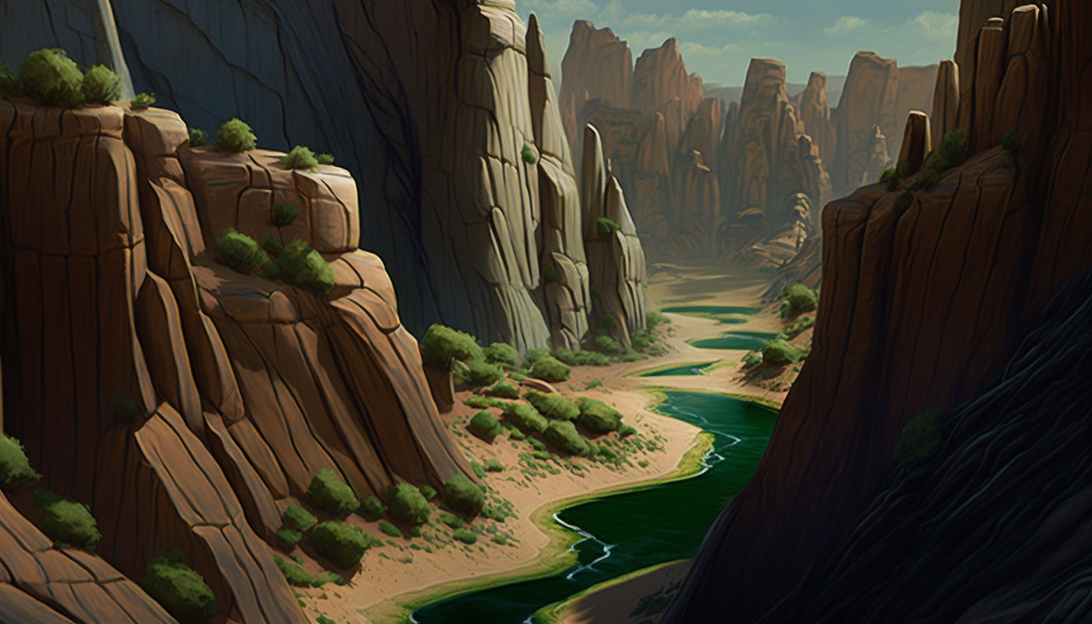 "Grass Canyon": A majestic canyon with striated rock formations, shaped by nature's forces. added grass