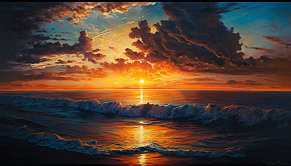An oil painting of a brightly-lit sunset over the ocean