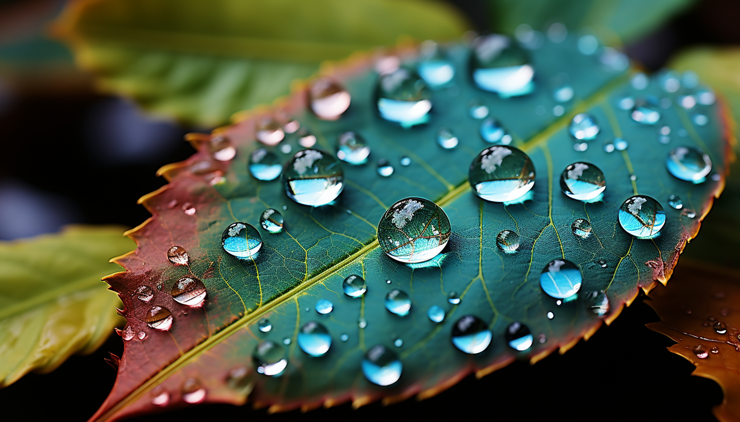Macro shot of dewdrops on a vibrant leaf, each one reflecting the world around it.