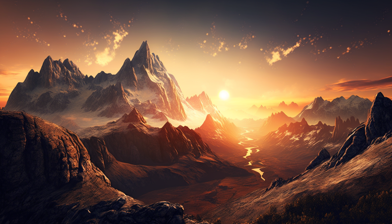 A majestic mountain range with a sunset sky as the background