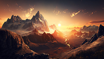 A majestic mountain range with a sunset sky as the background