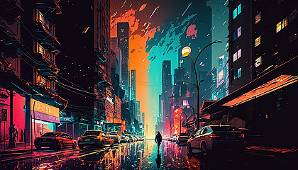 A digital art piece of a colorful cityscape at night