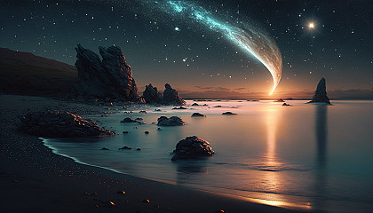 A cosmic image of a comet passing by a distant planet, with the celestial bodies reflecting off a calm ocean.