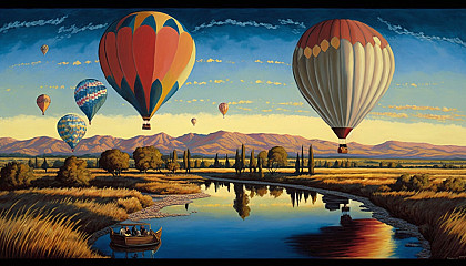 An oil painting of a hot air balloon festival over a scenic landscape.