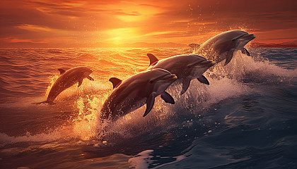 A pod of dolphins leaping in the ocean waves at sunset.