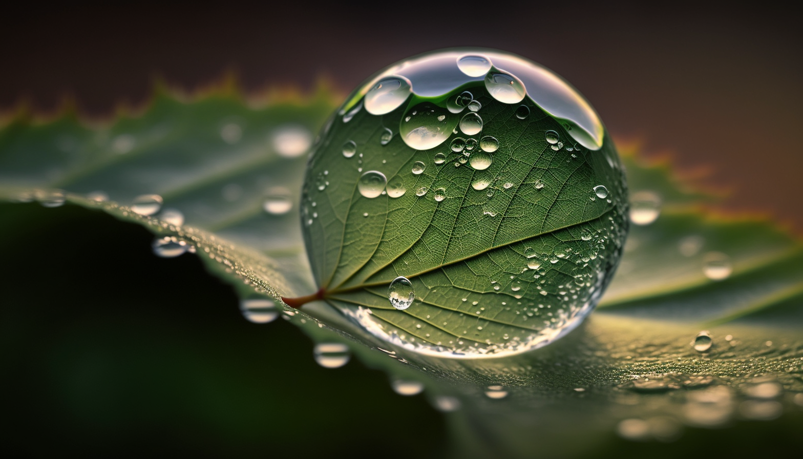 A close-up shot of a dewdrop on a leaf, reflecting the surrounding foliage.