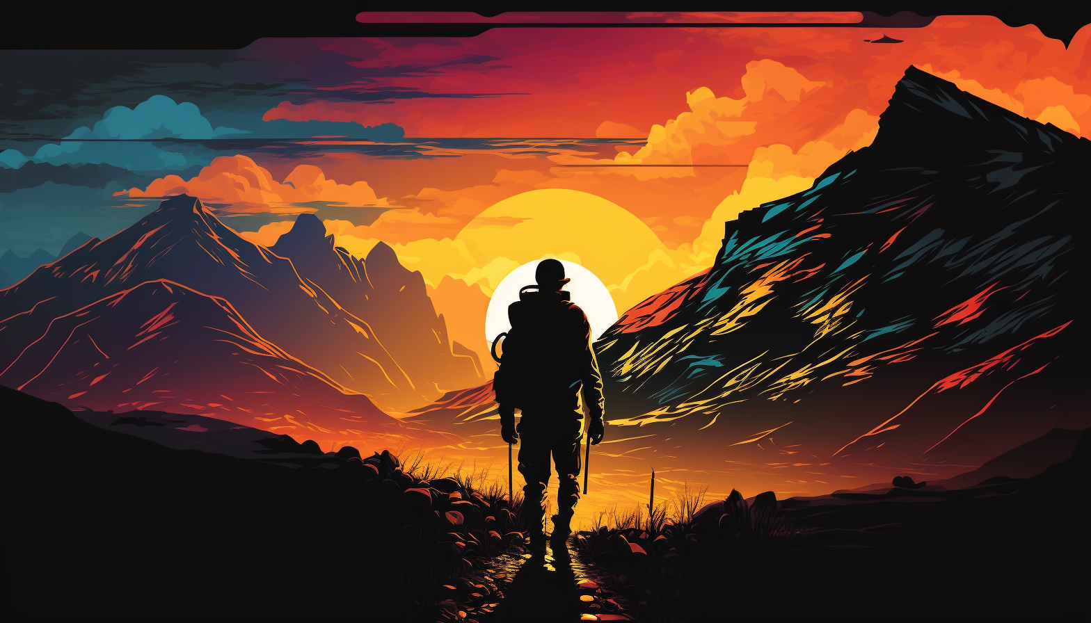 A vibrant sunset over a mountain range, with the silhouette of a lone hiker in the foreground.