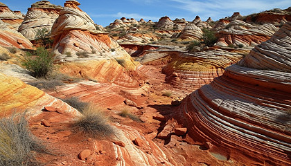 Colorful geological formations, such as sandstone canyons or layered rock structures.