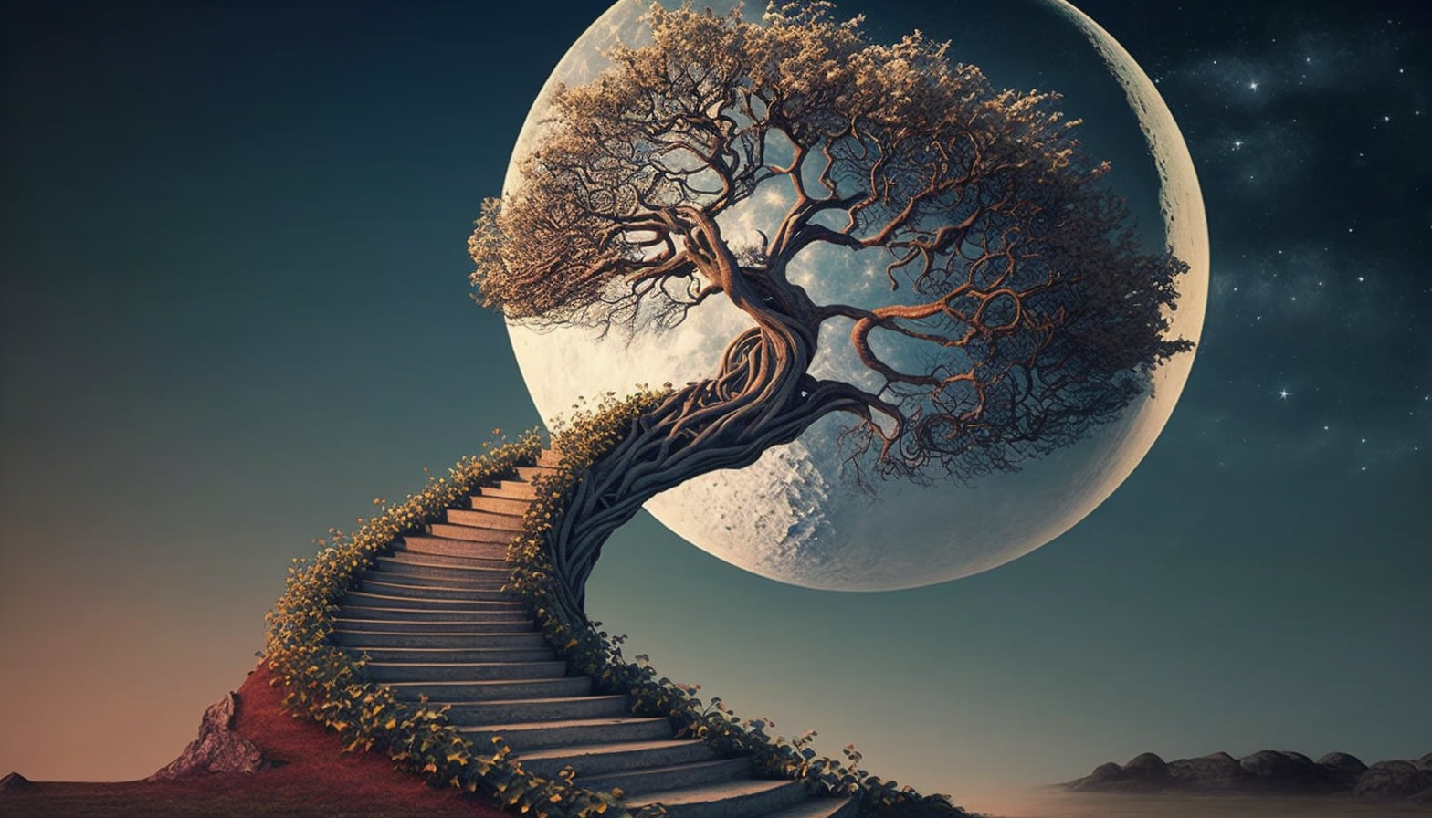 A surreal depiction of a tree growing into a staircase, leading to the moon in the sky.