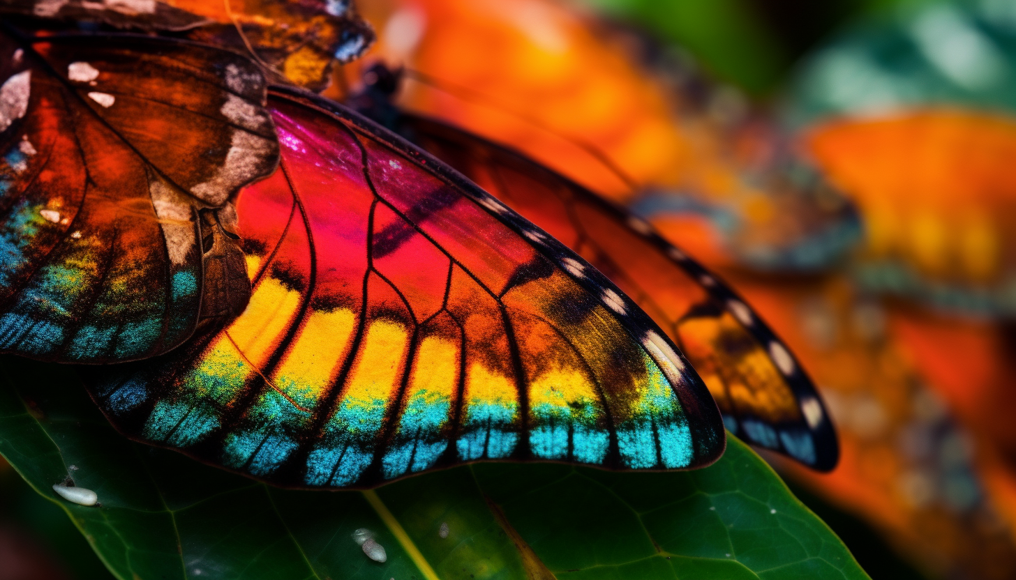 A close-up of vibrant butterfly wings on a leaf.