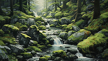 A cascading mountain stream, weaving through rocks and moss.