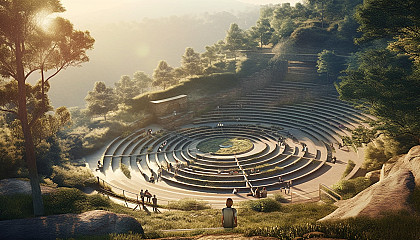 A stone amphitheater nestled in a natural setting, with music echoing through the hills.