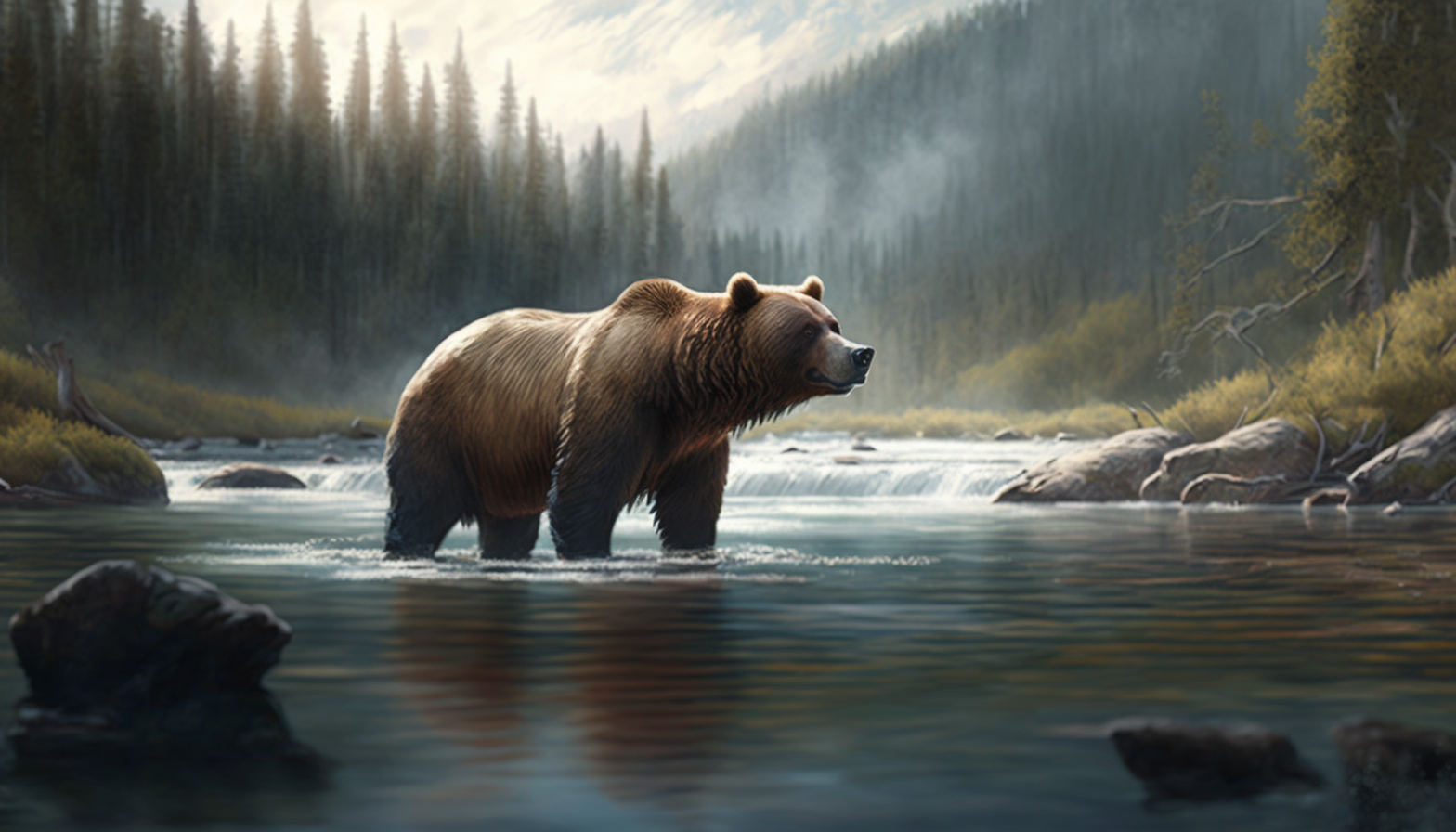 A grizzly bear fishing in a river