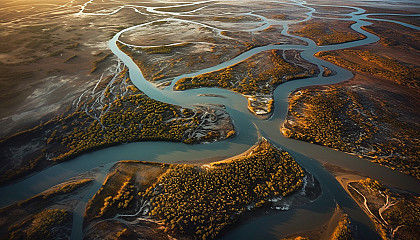 Aerial views of intricate river systems or captivating coastlines.