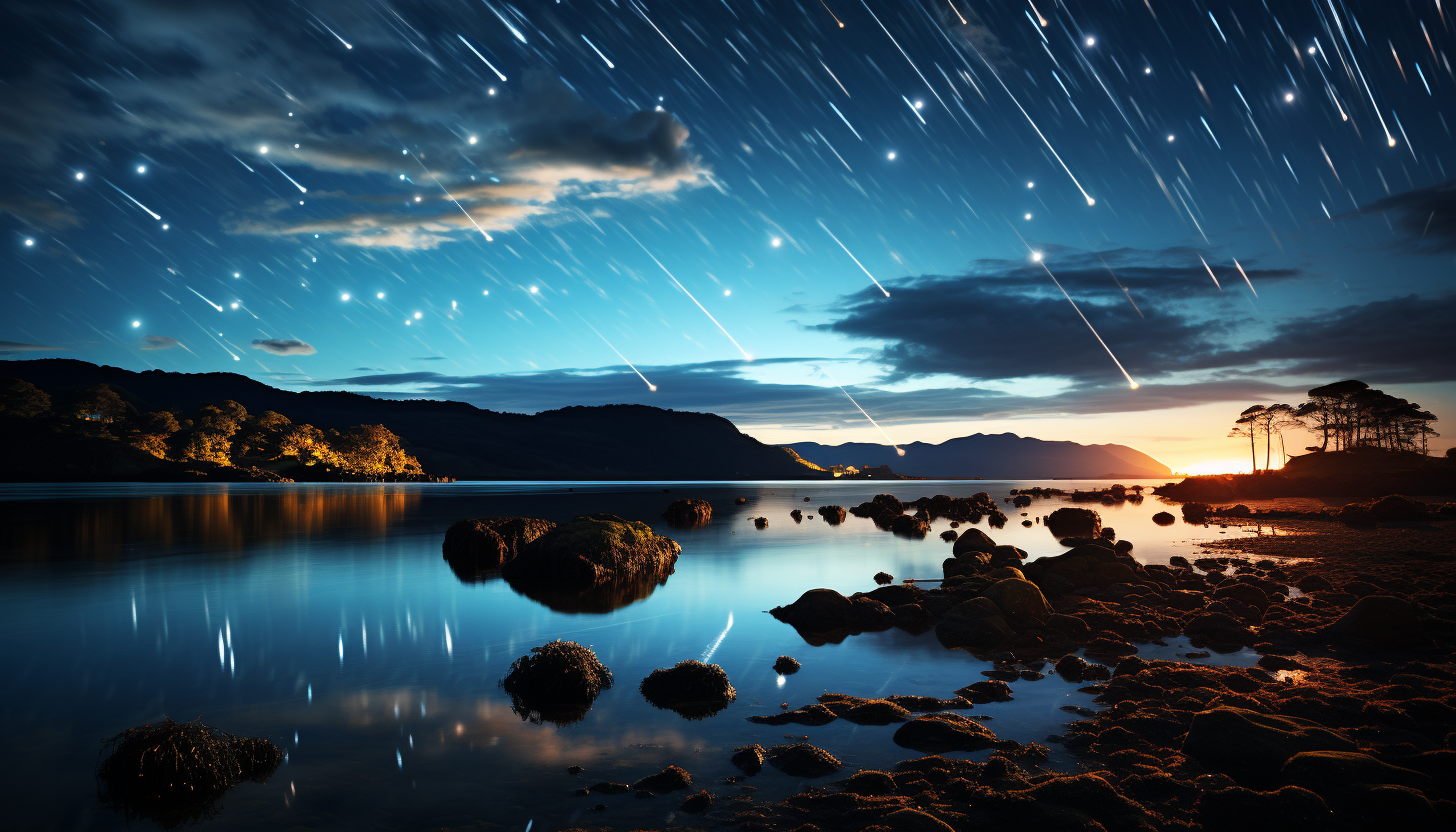 A meteor shower streaking across the backdrop of the Milky Way.