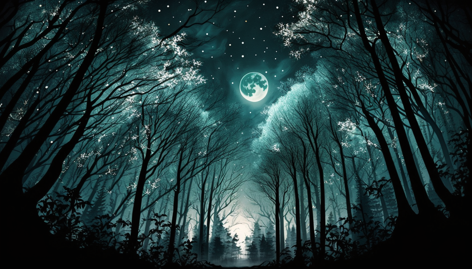 An ethereal image of a forest at night, with the moon and stars peeking through the treetops.