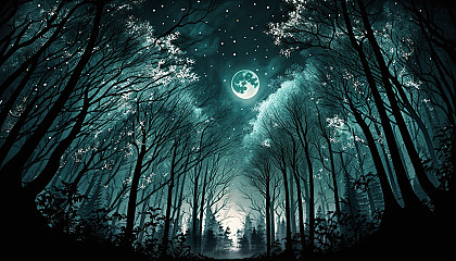 An ethereal image of a forest at night, with the moon and stars peeking through the treetops.