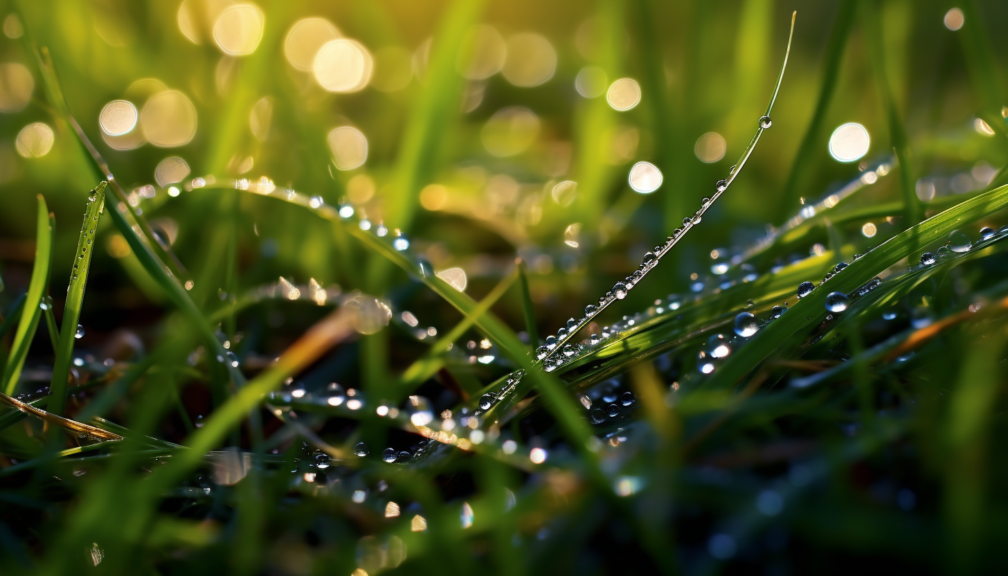 Dewdrops glittering on blades of grass in the morning light.