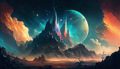 An otherworldly landscape with floating mountains and a nebula-filled sky.