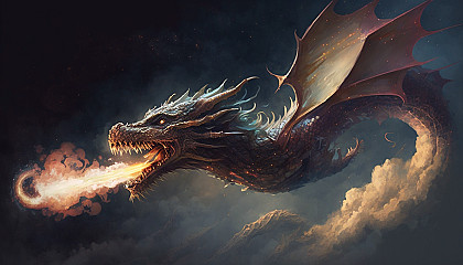 A dragon breathing fire while soaring through the sky at high speed.