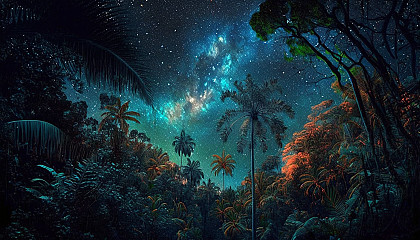A dense jungle with a shimmering galaxy-filled sky above.
