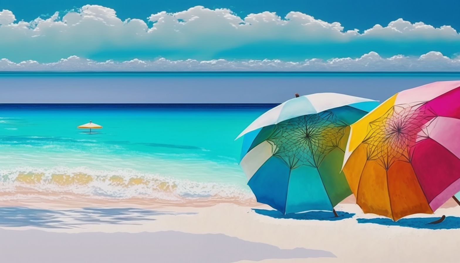 A beach scene with bright umbrellas and crystal clear water.