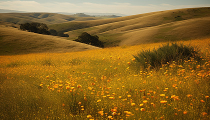 Gentle rolling hills blanketed in wildflowers or golden fields of grain.