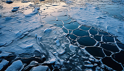 Ice patterns forming on the surface of a frozen lake.