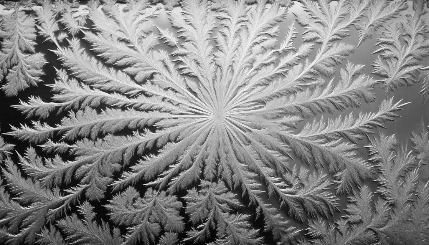 Intricate ice patterns formed on a winter window.