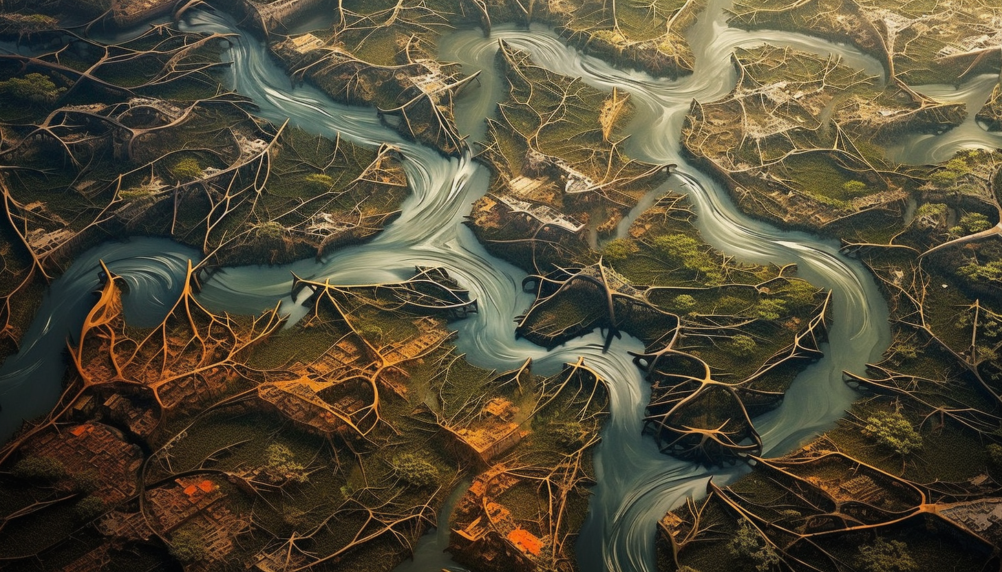 A bird's eye view of a maze-like river delta.