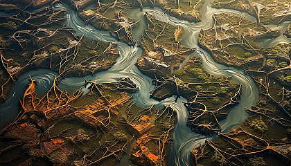 A bird's eye view of a maze-like river delta.