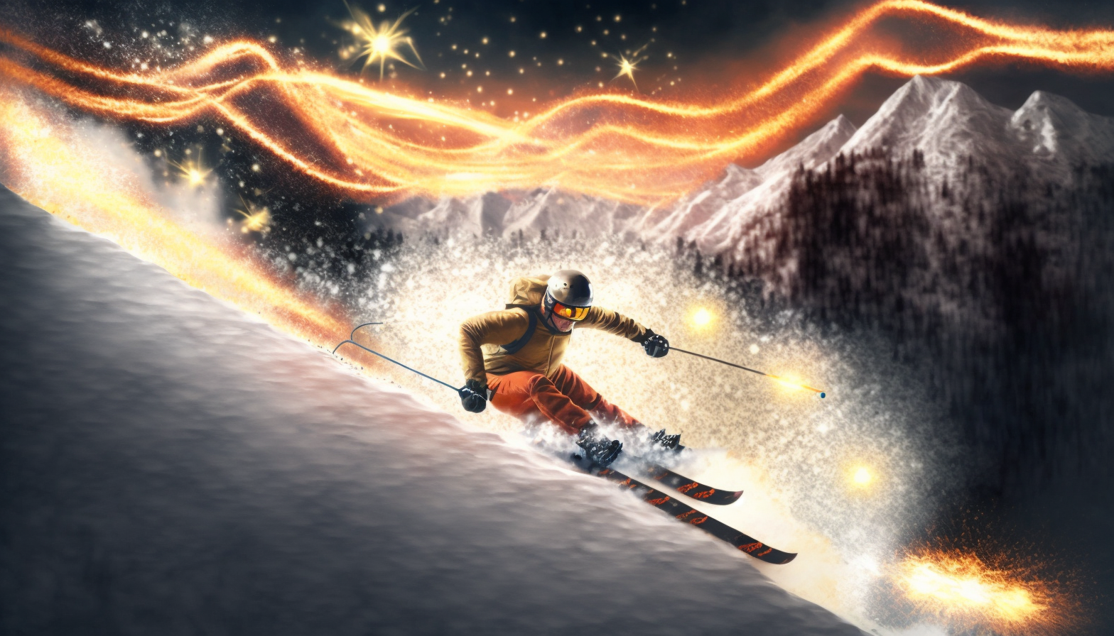 A skier carving down a mountain slope with sparks flying off their skis.