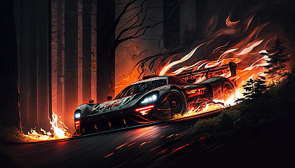A race car speeding through a dark forest with its tail lights creating a trail of fire behind it.