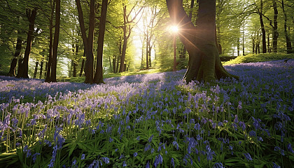 A carpet of bluebells in a sun-dappled forest.