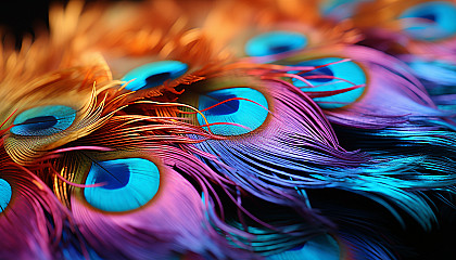 A close-up of a peacock's feathers, displaying a riot of iridescent colors.