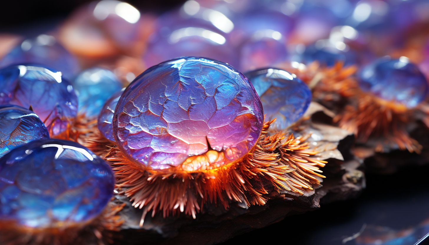 The iridescent interior of a geode, filled with sparkling crystals.