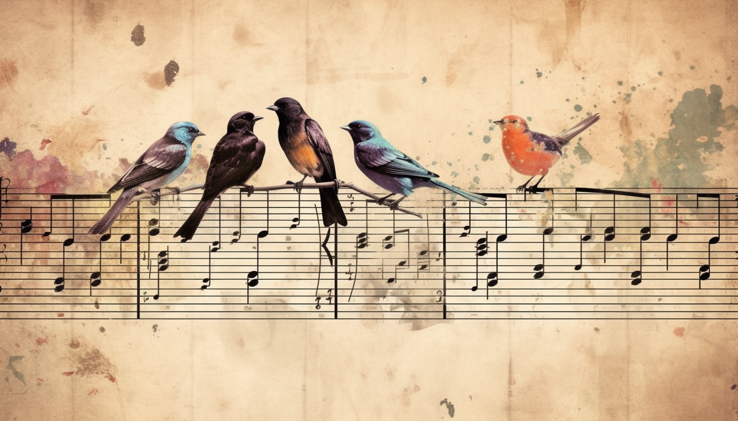 Birds perched on a musical staff, with their songs represented by notes.