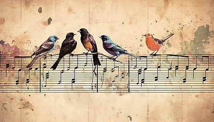 Birds perched on a musical staff, with their songs represented by notes.