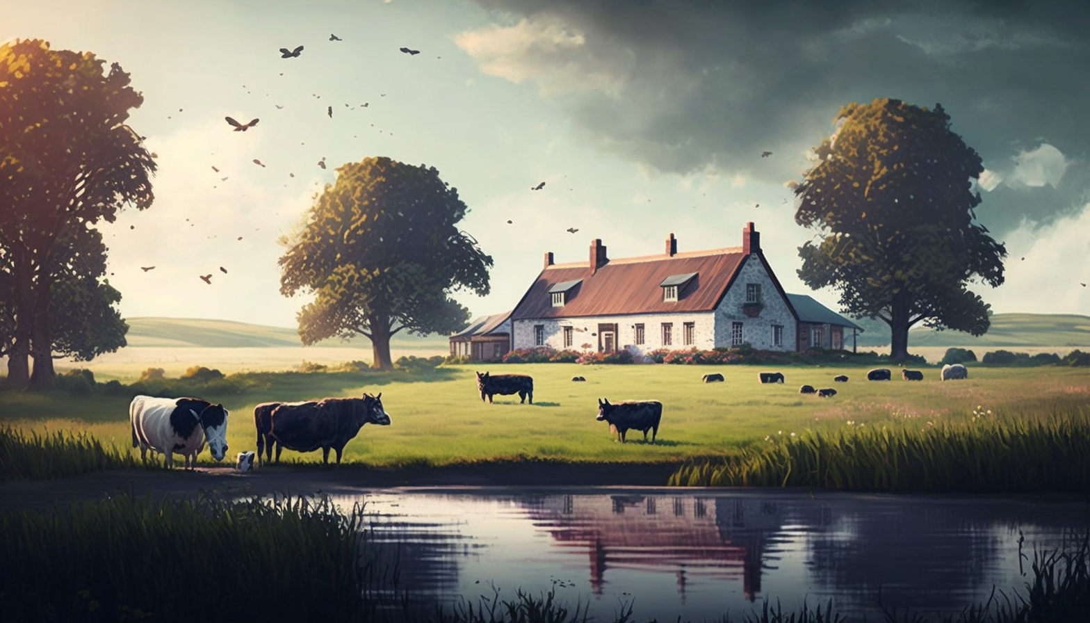 A tranquil countryside scene with a small farmhouse and a herd of cows in the distance.