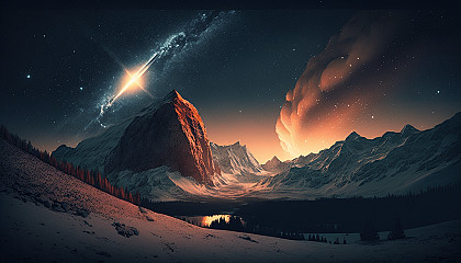 A stunning mountain vista with a meteor shower lighting up the sky.