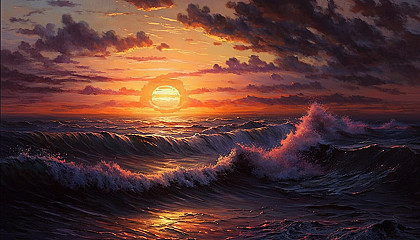 An oil painting of a brightly-lit sunset over the ocean