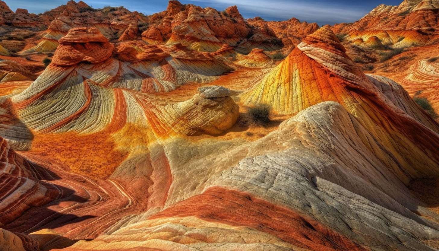 Colorful geological formations, such as sandstone canyons or layered rock structures.