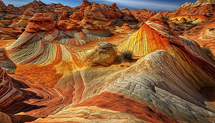 Colorful geological formations, such as sandstone canyons or layered rock structures.