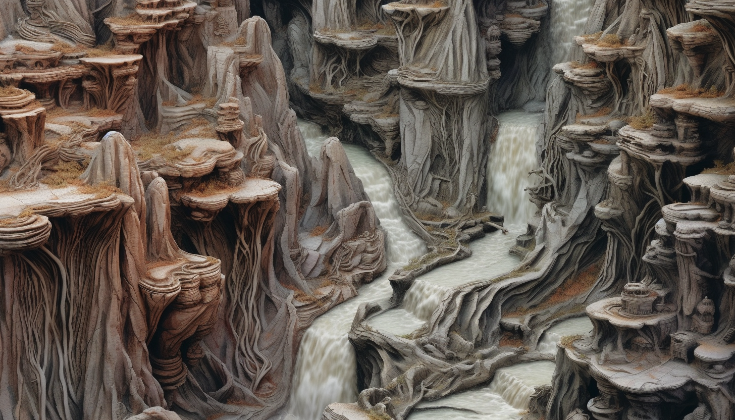 A cascading mountain stream carving through a rocky terrain.